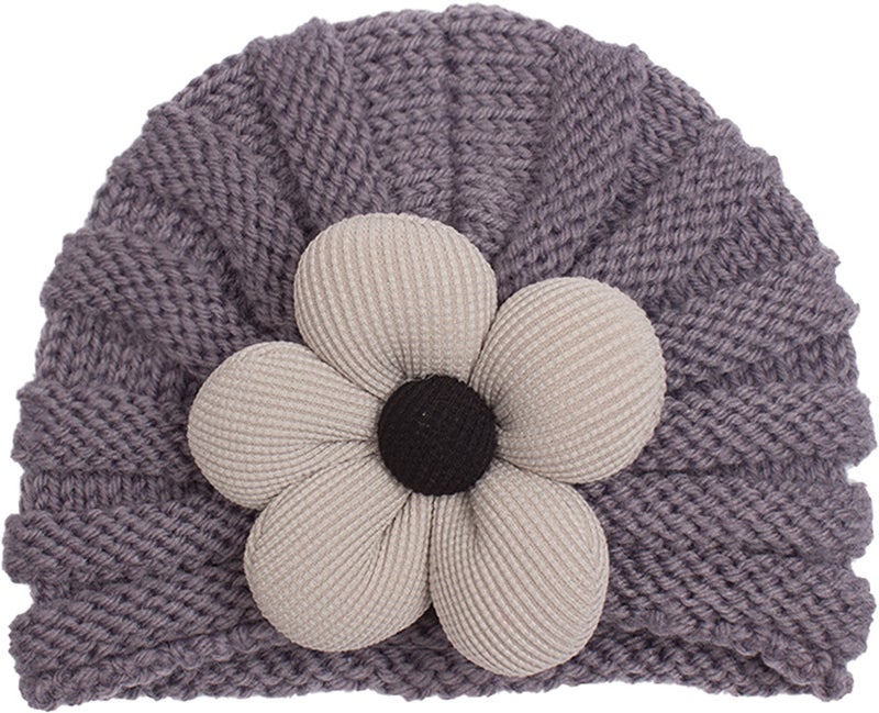 2023 Cozy Knit Baby Beanie Flower Design Grey