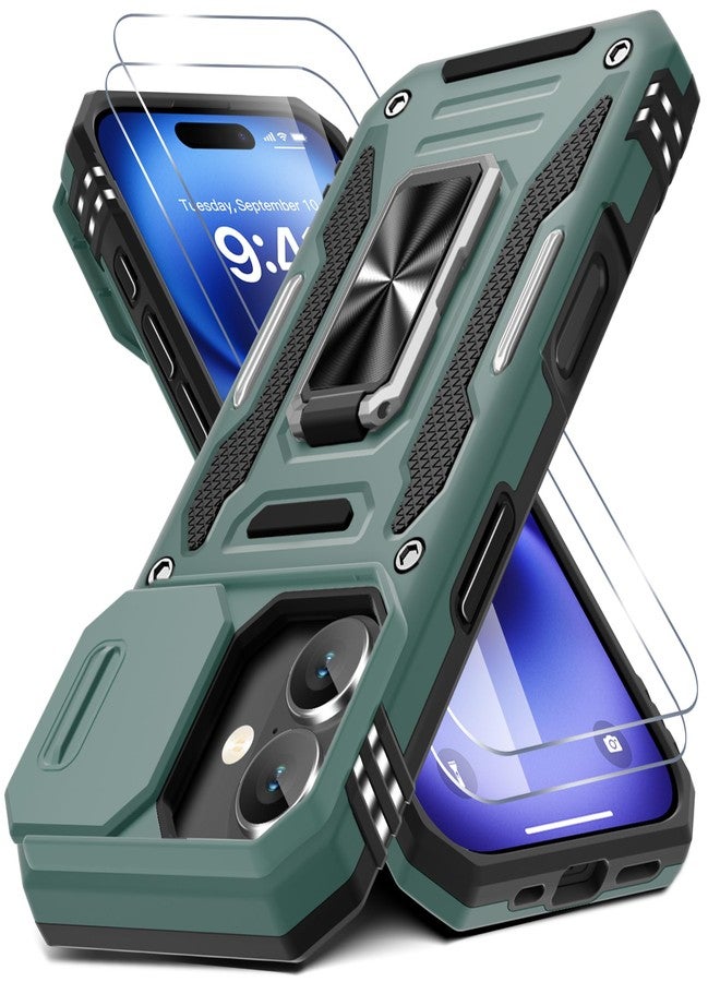 DEERLAMN جراب DEERLAMN لهاتف iPhone 17 مقاس 6.3 بوصة مع غطاء كاميرا منزلق + واقي شاشة (عبوتان)، غطاء واقٍ مقاوم للصدمات من الدرجة العسكرية مع مسند حلقي دوار - أخضر - Image 1