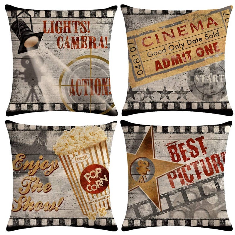 ULOVE LOVE YOURSELF 4pack Vintage Cinema Poster Pillow Covers Movie Theater with Popcorn,Filmstrip,Clapboard Pattern Home Decor Couch Pillow Case 18 X 18 Inch (Popcorn Cinema) - Image 1