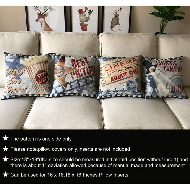 ULOVE LOVE YOURSELF 4pack Vintage Cinema Poster Pillow Covers Movie Theater with Popcorn,Filmstrip,Clapboard Pattern Home Decor Couch Pillow Case 18 X 18 Inch (Popcorn Cinema) - Image 2