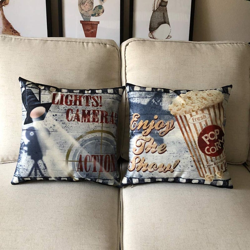 ULOVE LOVE YOURSELF 4pack Vintage Cinema Poster Pillow Covers Movie Theater with Popcorn,Filmstrip,Clapboard Pattern Home Decor Couch Pillow Case 18 X 18 Inch (Popcorn Cinema) - Image 3