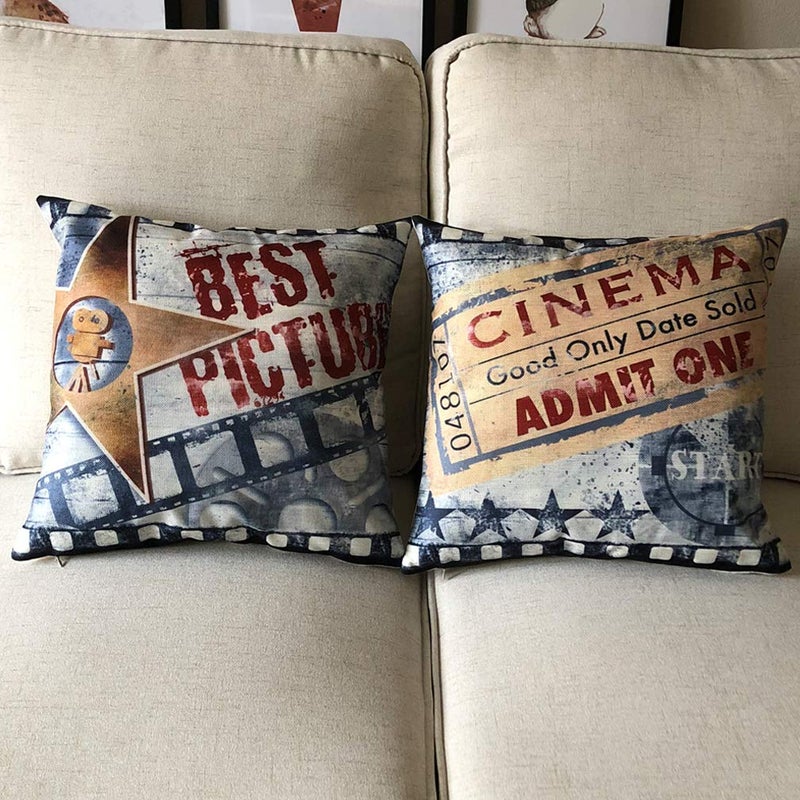 ULOVE LOVE YOURSELF 4pack Vintage Cinema Poster Pillow Covers Movie Theater with Popcorn,Filmstrip,Clapboard Pattern Home Decor Couch Pillow Case 18 X 18 Inch (Popcorn Cinema) - Image 4