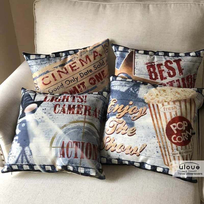 ULOVE LOVE YOURSELF 4pack Vintage Cinema Poster Pillow Covers Movie Theater with Popcorn,Filmstrip,Clapboard Pattern Home Decor Couch Pillow Case 18 X 18 Inch (Popcorn Cinema) - Image 5