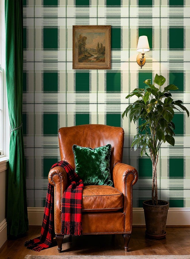 ReWallpaper ورق حائط ReWallpaper منقوش بنقشة تارتان عتيقة، قابل للإزالة واللصق، مقاوم للماء، منقوش باللون الأخضر، مناسب لغرف المعيشة والحمامات والمكتب وديكورات العطلات، مقاس 17.5 بوصة × 23 قدمًا - Image 4