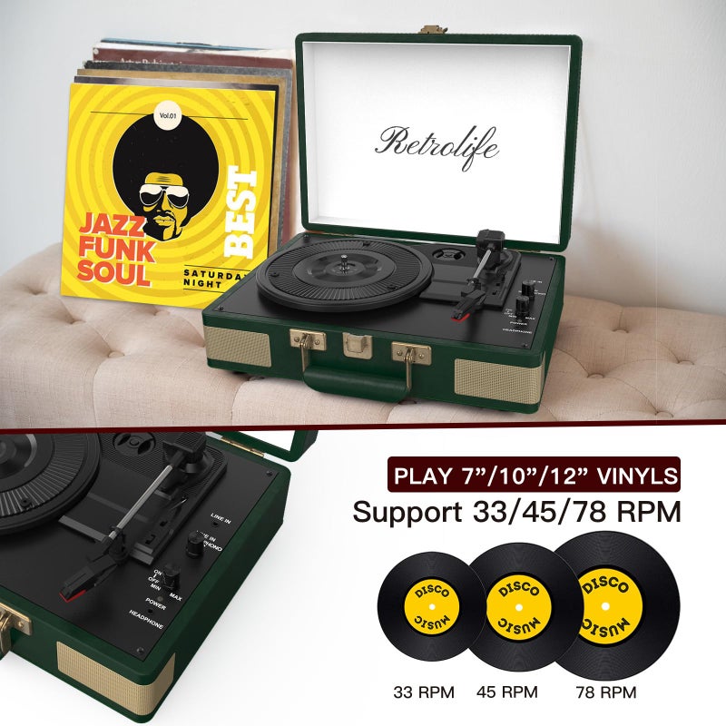 Retrolife مشغل أسطوانات 3 سرعات بلوتوث محمول حقيبة مشغل الفينيل مع مكبرات صوت مدمجة جهاز تشغيل صوت محسن جلد PU عتيق - Image 3