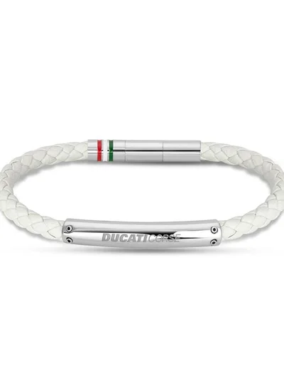 Ducati Vittoria Silver Stainless Steel White Braided Leather Bracelet for Men 210mm