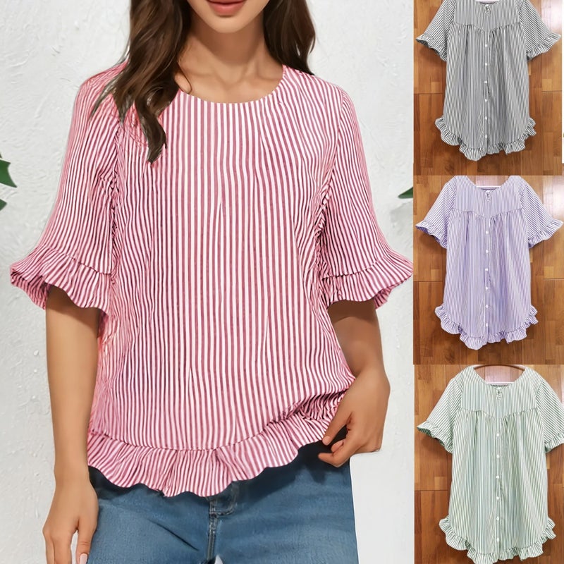 Women's Striped Button Back Short Sleeve Round Neck Ruffle Blouse - Image 1