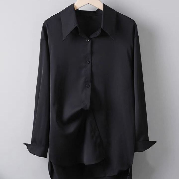 Spring and Autumn New Loose Oil Painting Print Long Sleeve Shirt Womens American Style Retro Trendy Brand Hong Kong Style Casual Slim Thin Coat Black long-sleeved shirt