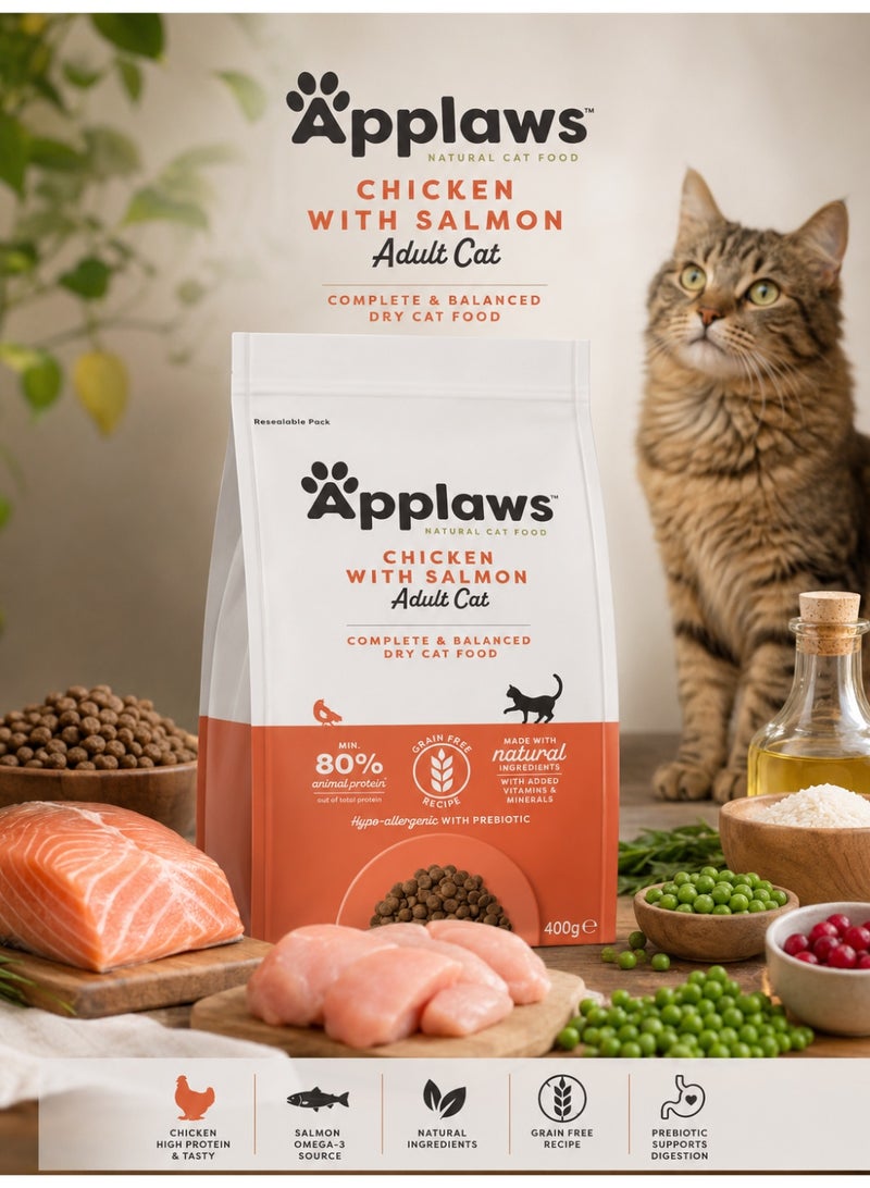 Chicken with Salmon Adult Cat Dry Food 400g – Complete & Balanced Grain-Free Natural Cat Food with 80% Animal Protein, Prebiotics, Vitamins, and Minerals for Adult Cats