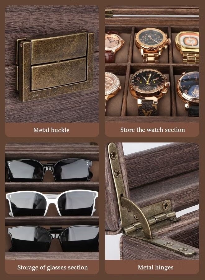 BaytEasy Premium 9-Slot Wooden Watch and Glasses Display Box - Jewelry Organizer Case with Glass Lid, Detachable，Perfect Gift Holder for Men's Watches, Glasses, and Accessories (39*22*9 cm) - Image 4