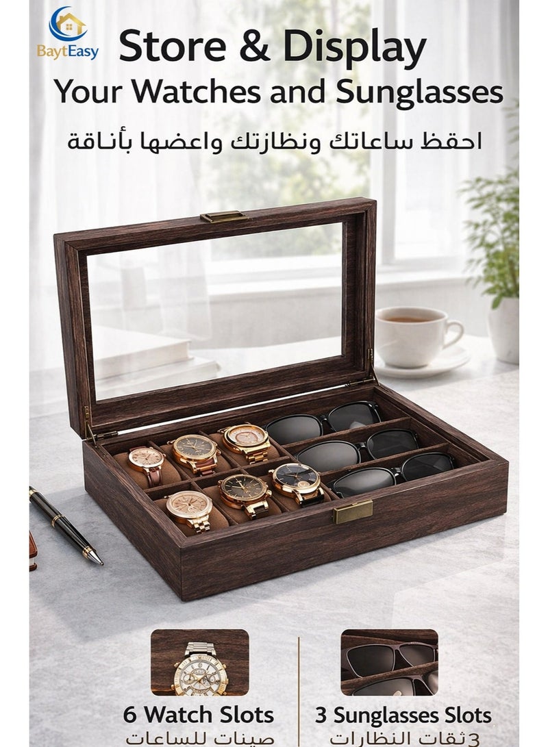 بيت إيزي صندوق عرض للساعات والنظارات الخشبي رفيع الجودة بـ 9 مقاعد - علبة منظمة للمجوهرات مع غطاء زجاجي، قابل للفصل، حامل هدية مثالي لساعات الرجال والنظارات والإكسسوارات (أبعاده 39×22×9 سم) - Image 1