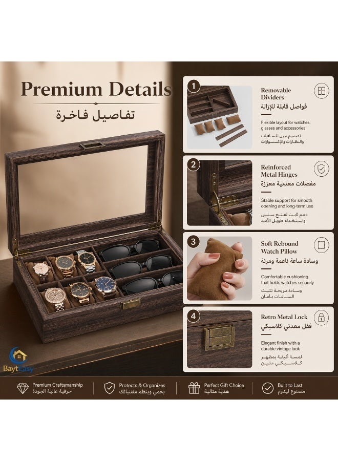 بيت إيزي صندوق عرض للساعات والنظارات الخشبي رفيع الجودة بـ 9 مقاعد - علبة منظمة للمجوهرات مع غطاء زجاجي، قابل للفصل، حامل هدية مثالي لساعات الرجال والنظارات والإكسسوارات (أبعاده 39×22×9 سم) - Image 5