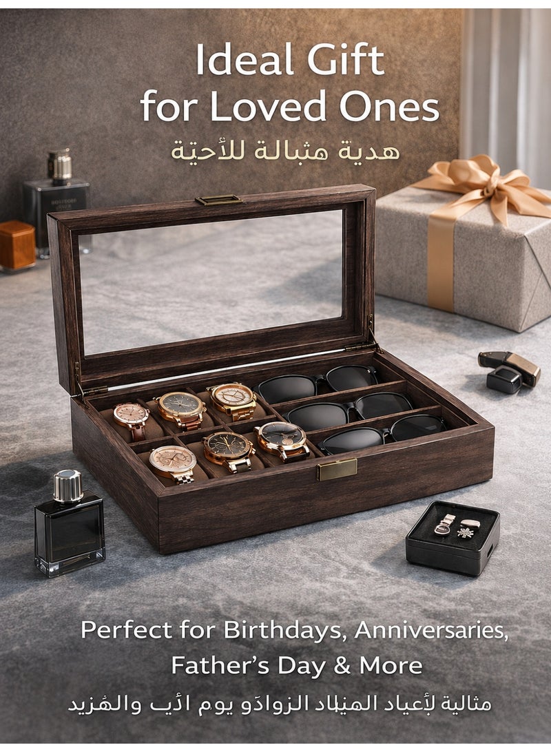 BaytEasy Premium 9-Slot Wooden Watch and Glasses Display Box - Jewelry Organizer Case with Glass Lid, Detachable，Perfect Gift Holder for Men's Watches, Glasses, and Accessories (39*22*9 cm) - Image 4