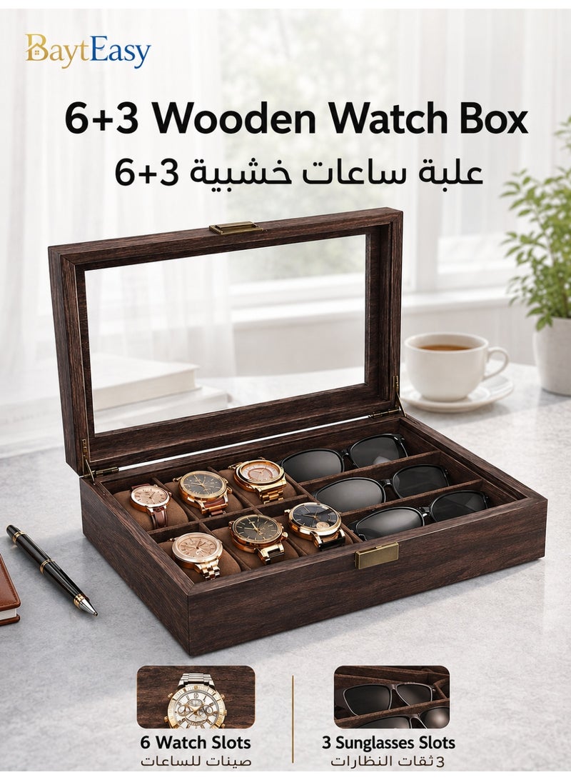 BaytEasy Premium 9-Slot Wooden Watch and Glasses Display Box - Jewelry Organizer Case with Glass Lid, Detachable，Perfect Gift Holder for Men's Watches, Glasses, and Accessories (39*22*9 cm) - Image 1