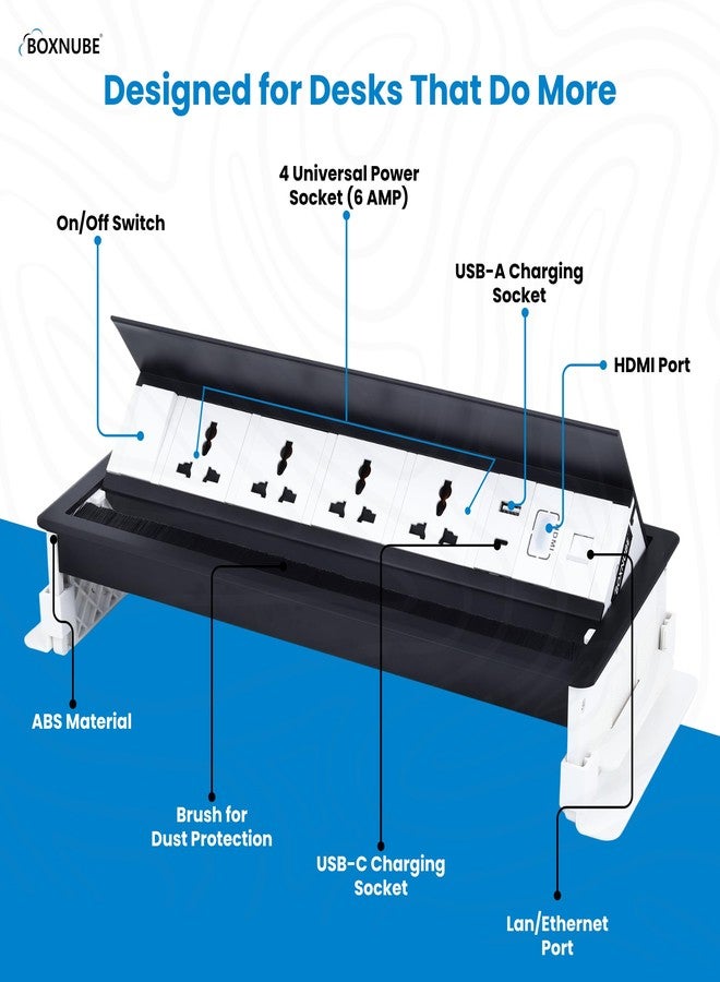 لوحة تمديد كابلات BOXNUBE Fliptop Box Cable Cubby مزودة بمفتاح تشغيل/إيقاف، ومقبس طاقة عالمي، ومنافذ LAN وHDMI وUSB-A وUSB-C (أسود) - Image 3