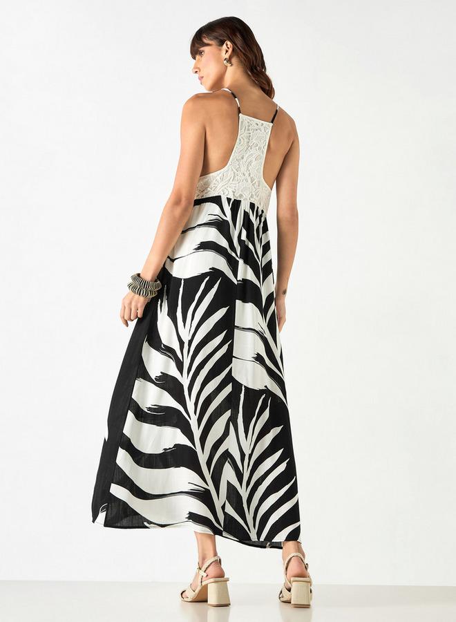 تواكستريمز فستان بلا أكمام بطبعة أوراق شجر كاملة بياقة على شكل حرف  وظهر رياضي - Image 3