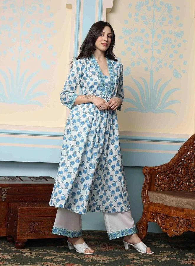 Ishin  Ishin Printed V-Neck A-Line Kurta with Trousers Set for Women | Best Price UAE