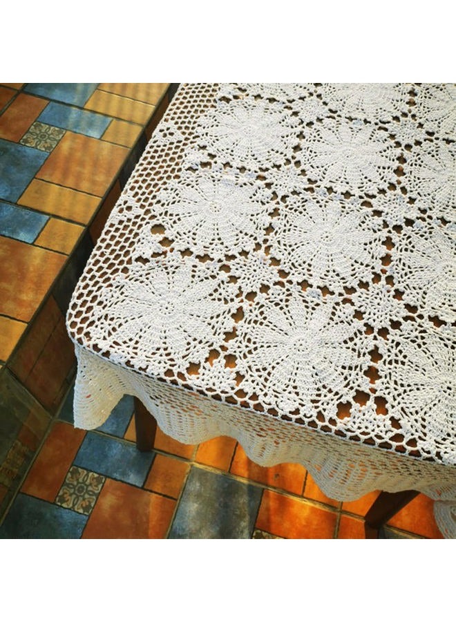 USTIDE Shabby Handmade Crochet Tablecloth Rectangle Romantic Table Cover Beige Lace Design Table Overlays Rectangular 62inchesx82inches - Image 3