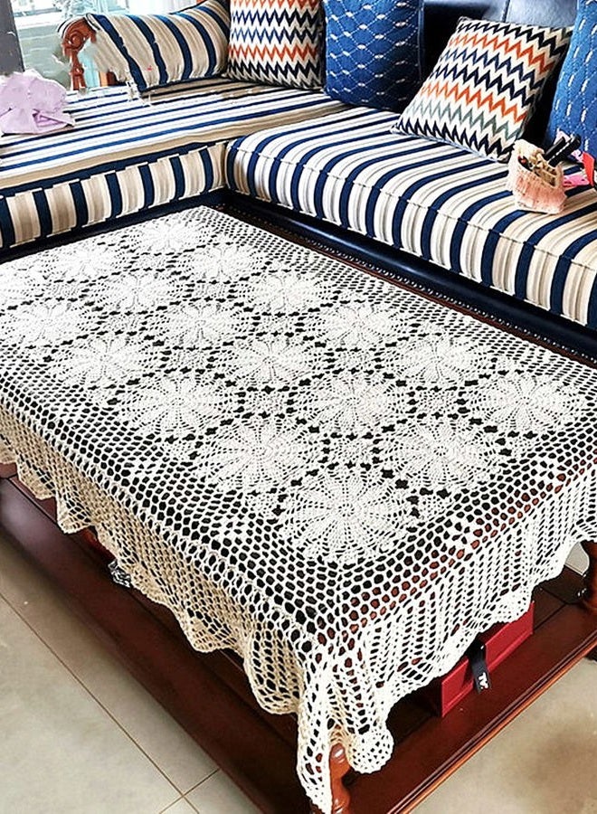 USTIDE Shabby Handmade Crochet Tablecloth Rectangle Romantic Table Cover Beige Lace Design Table Overlays Rectangular 62inchesx82inches - Image 4