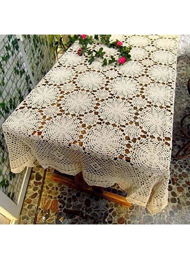 USTIDE Shabby Handmade Crochet Tablecloth Rectangle Romantic Table Cover Beige Lace Design Table Overlays Rectangular 62inchesx82inches - Image 1