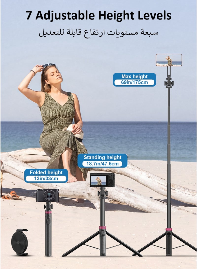 XXZU 175cm Magnetic Phone Tripod Stand for iPhone and Android, 1 Phone Clamp Included, with Side Cold Shoe Slot & 1/4" Thread, Rechargeable Remote Control, Multifunctional Tripod for Smartphone/Fill Light/Camera/Microphone - Image 2