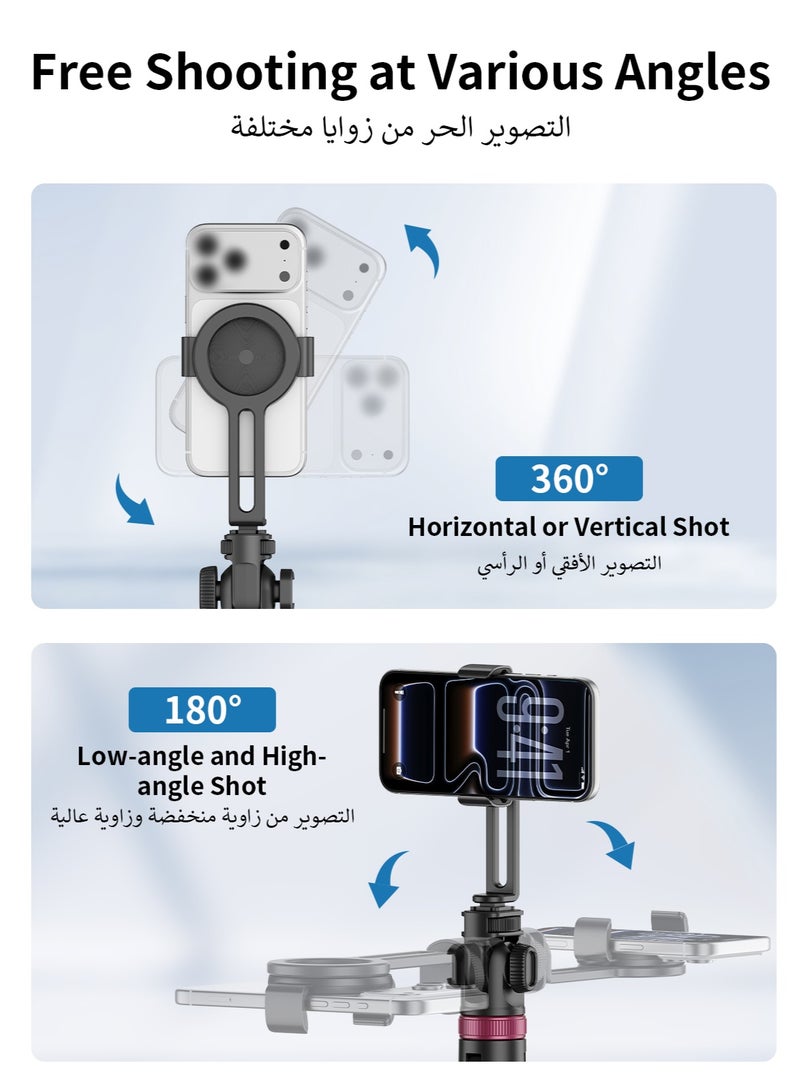 XXZU 175cm Magnetic Phone Tripod Stand for iPhone and Android, 1 Phone Clamp Included, with Side Cold Shoe Slot & 1/4" Thread, Rechargeable Remote Control, Multifunctional Tripod for Smartphone/Fill Light/Camera/Microphone - Image 4