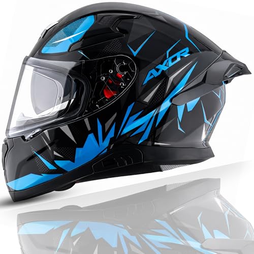 Axor Apex Hunter ISI ECE DOT Certified Full Face Dual Visor Helmet for Men and Women with Pinlock Fitted Outer Clear Visor and Inner Smoke Sun Visor Black Neon Blue Helmet-XL - Image 1