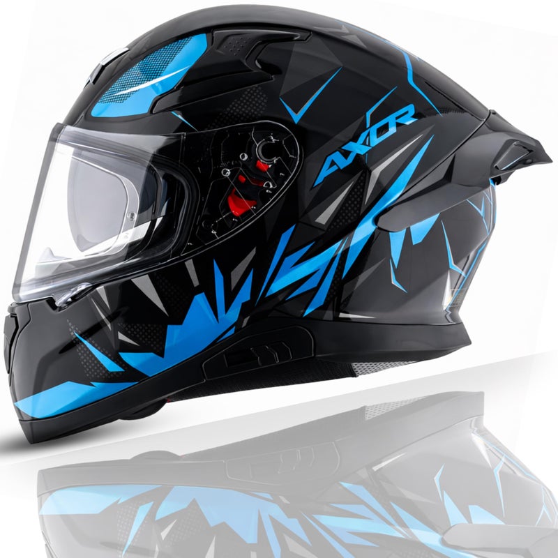 Axor Apex Hunter ISI ECE DOT Certified Full Face Dual Visor Helmet for Men and Women with Pinlock Fitted Outer Clear Visor and Inner Smoke Sun Visor Black Neon Blue Helmet-XL - Image 2