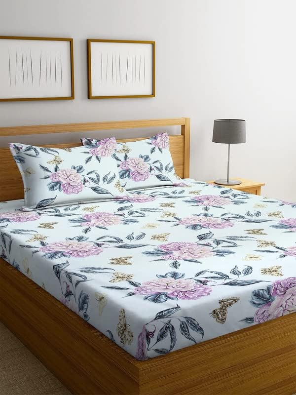 SHOMES Premium Cotton Flat Double Bedsheets with 2 King Size Pillow Covers Double Bed Breathable Wrinklefree Ultrasoft 220 TC Supersoft 90x90 Inches 7X75 Feet Floral Light Blue Butterfly - Image 5
