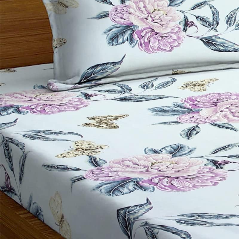 SHOMES Premium Cotton Flat Double Bedsheets with 2 King Size Pillow Covers Double Bed Breathable Wrinklefree Ultrasoft 220 TC Supersoft 90x90 Inches 7X75 Feet Floral Light Blue Butterfly - Image 2