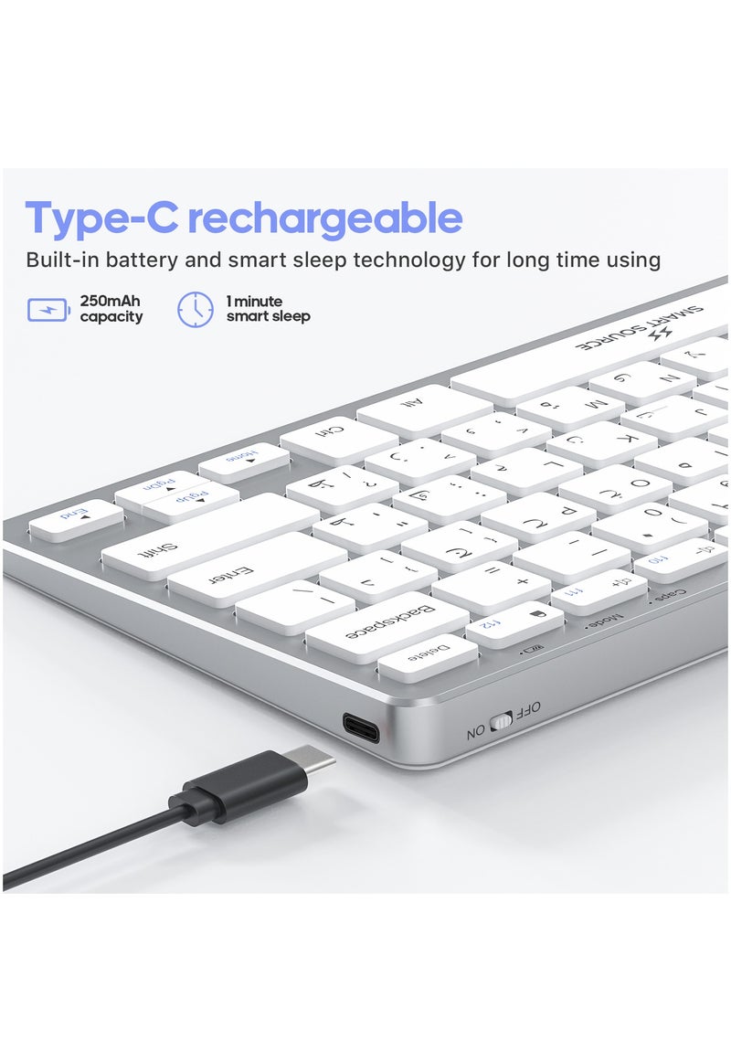 SMART SOURCE Multi-Device Wireless Keyboard - Arabic & English Layout, Dual Bluetooth + 2.4G USB Receiver, Slim Portable Design for Windows, iOS, Android, & Mac - Silver/White - Image 2
