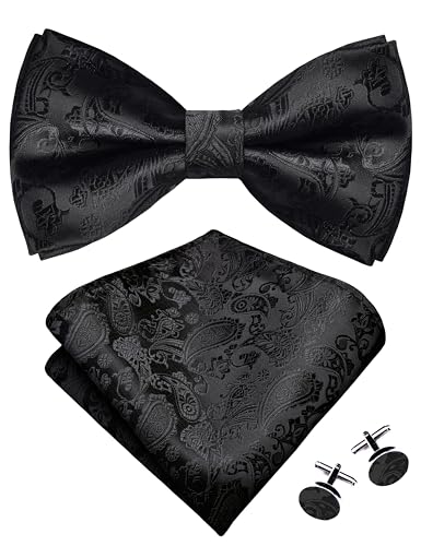 GUSLESON Paisley Black Bow Tie Pocket Square Set for Wedding Pre-Tied Solid Bowties Handkerchief Cufflinks for Men (0497-08) - Image 1