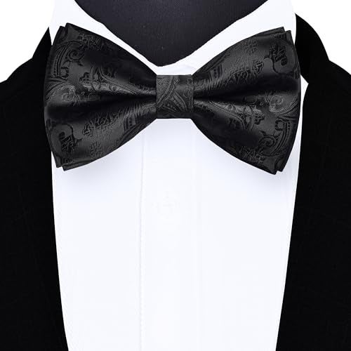 GUSLESON Paisley Black Bow Tie Pocket Square Set for Wedding Pre-Tied Solid Bowties Handkerchief Cufflinks for Men (0497-08) - Image 2