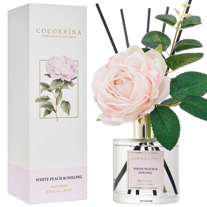 FLOWER REED DIFFUSER WHITE PEACH OOLONG 67OZ SCENTED DIFFUSER WITH STICKS HOME FRAGRANCE ESSENTIAL OIL FOR BATHROOM SHELF DECOR ARTIFICIAL FLOWER