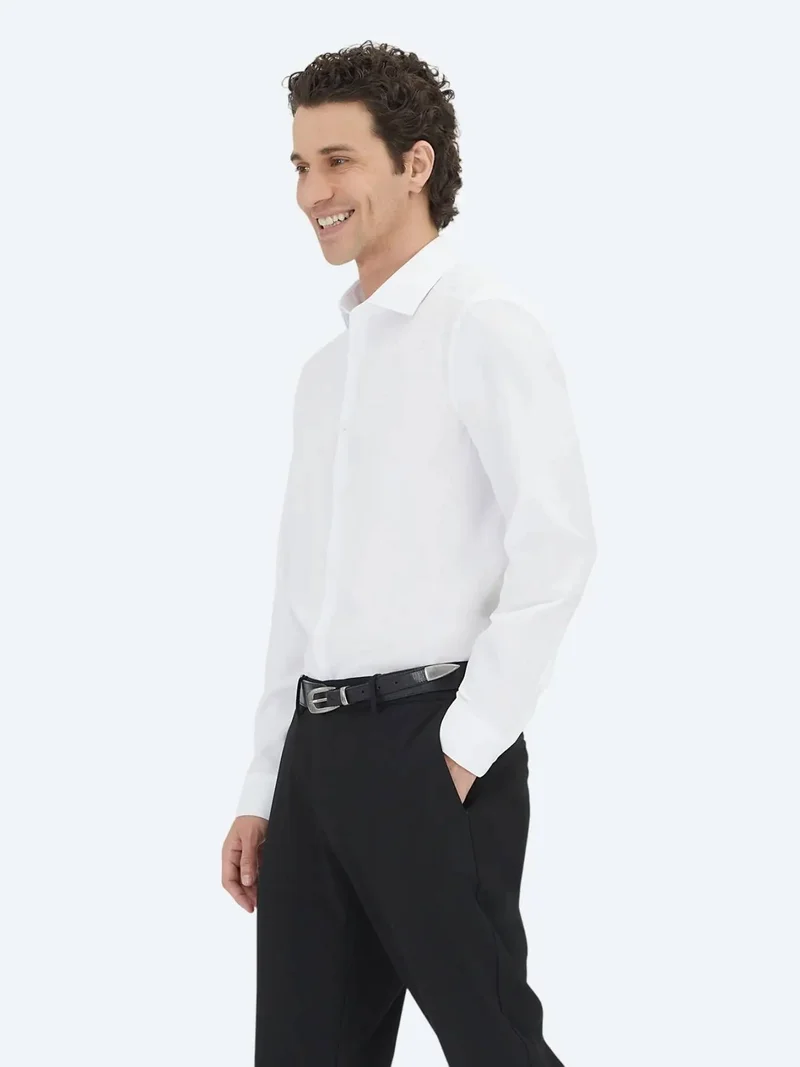 Kip White Plain Regular Fit Weaving Classical Cotton Blended Shirt