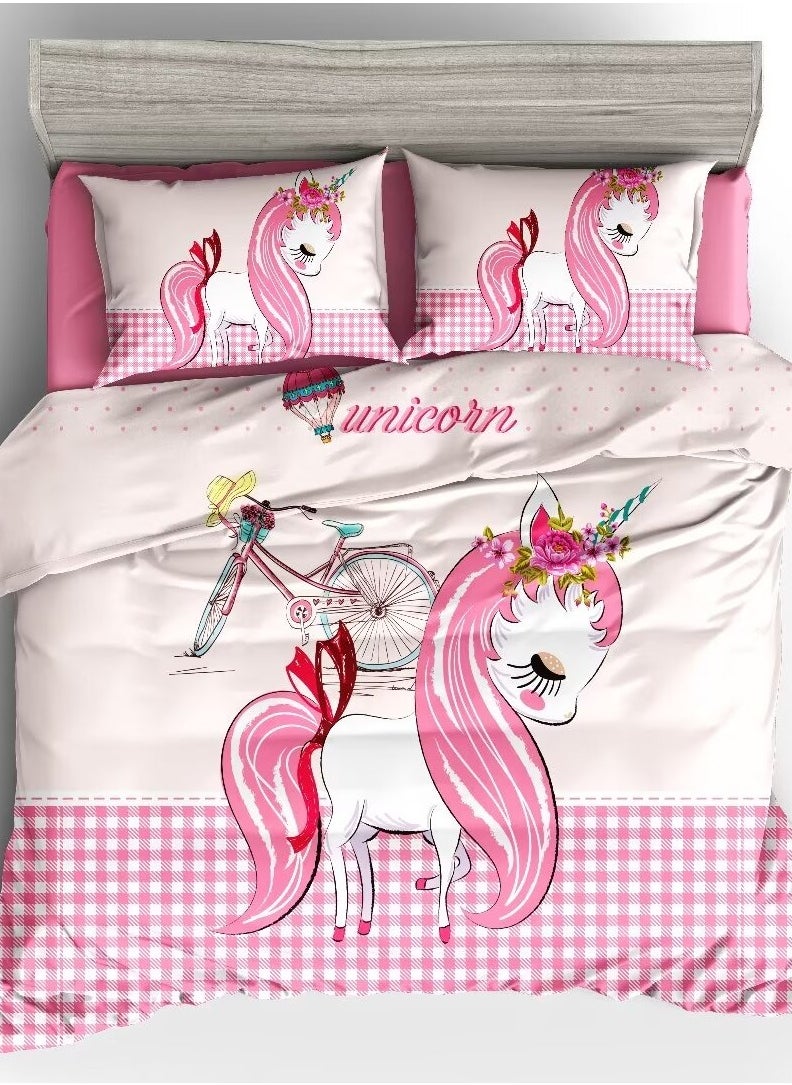Generic DUOMA HOME Digital printed duvet cover set(160×210cm) ,4pcs set with fit sheet and 2 pcs pillow cases, single size, pink unicorn 