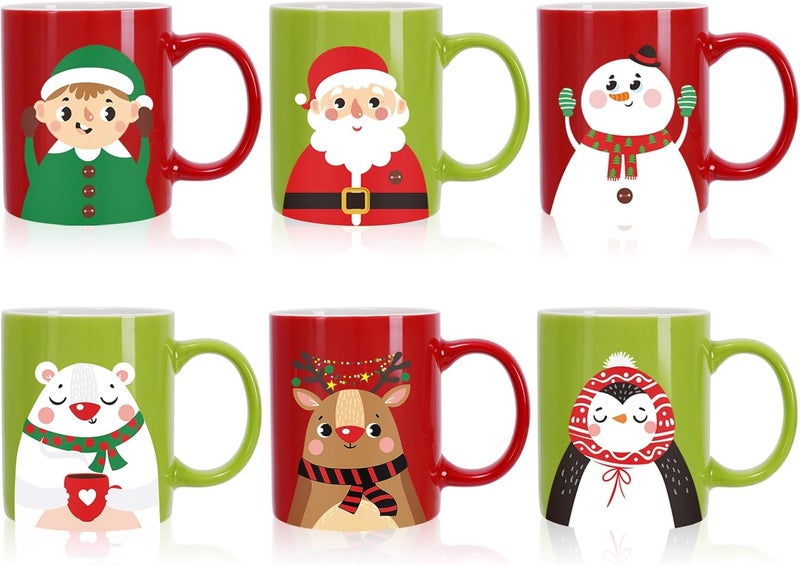 Whaline 6Pcs Christmas Mug Set 12oz Santa Claus Snowman Reindeer Penguin Xmas Coffee Mug Red Green Christmas Ceramic Mugs for Home School Office Table Centerpieces Housewarming Gift - Image 1