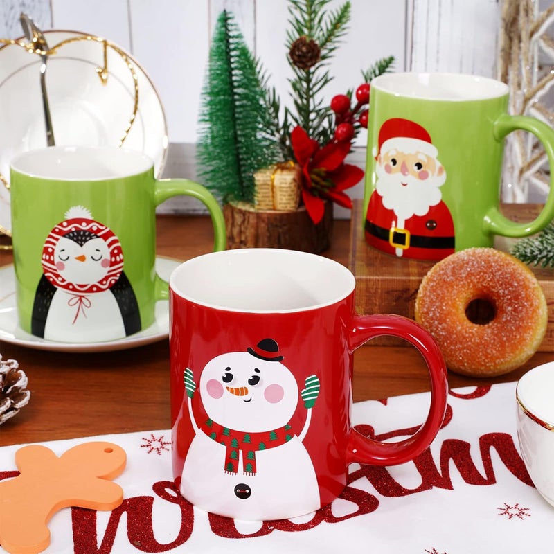 Whaline 6Pcs Christmas Mug Set 12oz Santa Claus Snowman Reindeer Penguin Xmas Coffee Mug Red Green Christmas Ceramic Mugs for Home School Office Table Centerpieces Housewarming Gift - Image 3