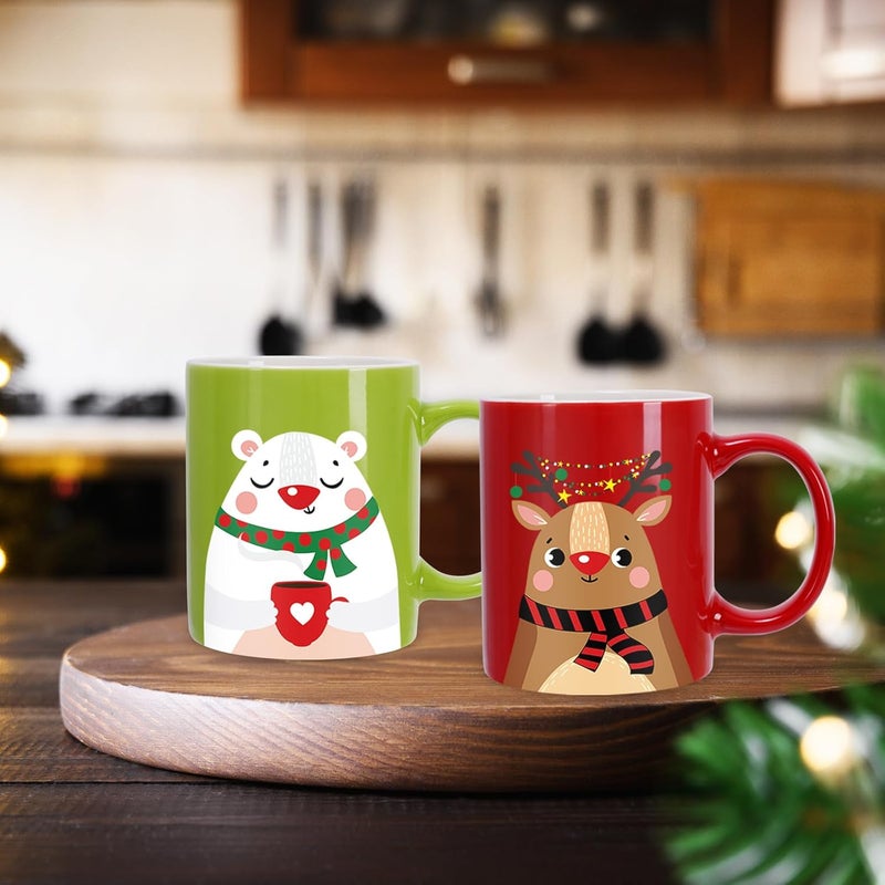 Whaline 6Pcs Christmas Mug Set 12oz Santa Claus Snowman Reindeer Penguin Xmas Coffee Mug Red Green Christmas Ceramic Mugs for Home School Office Table Centerpieces Housewarming Gift - Image 5