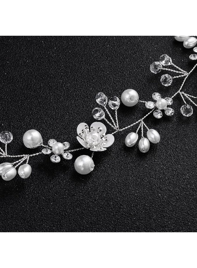 Flower Wedding Hair Accessory, Crystal Pearl Bridal Headband Flower Hair Vine Silver Bride Headband for Women and Girls - Image 5