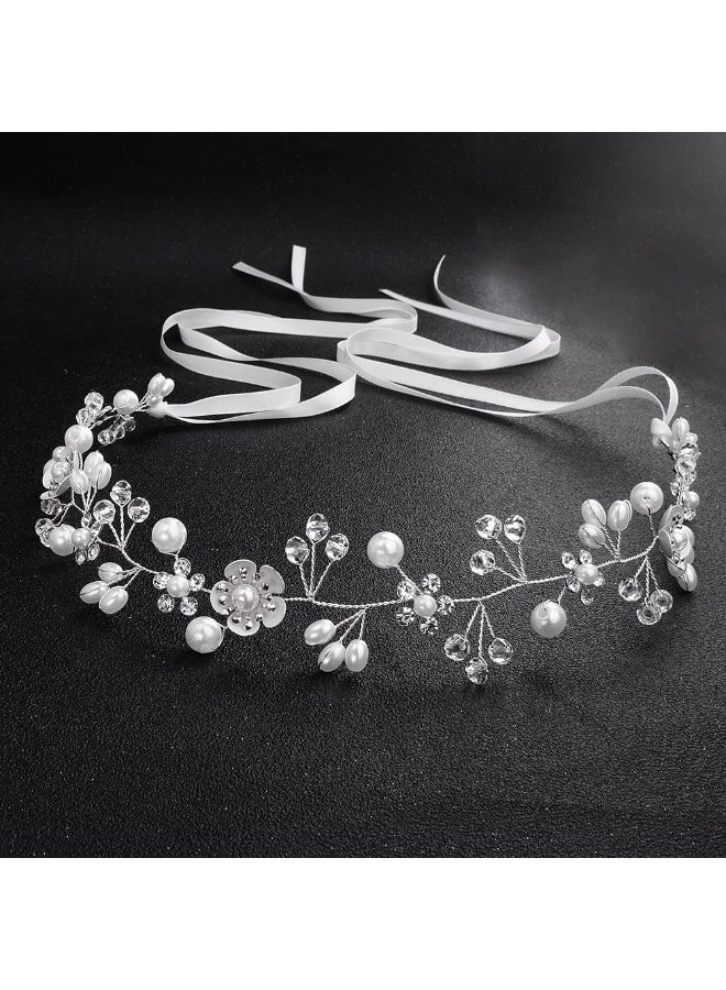 Flower Wedding Hair Accessory, Crystal Pearl Bridal Headband Flower Hair Vine Silver Bride Headband for Women and Girls - Image 4
