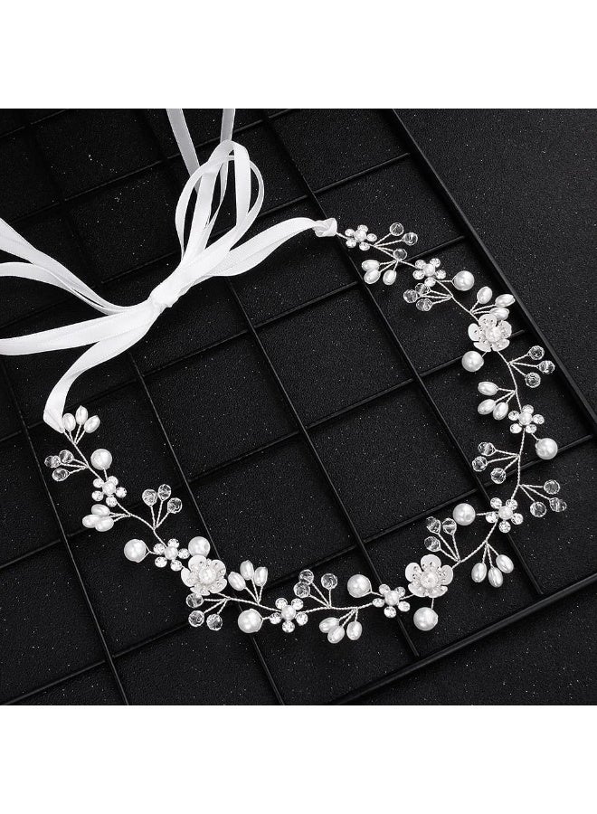 Flower Wedding Hair Accessory, Crystal Pearl Bridal Headband Flower Hair Vine Silver Bride Headband for Women and Girls - Image 2