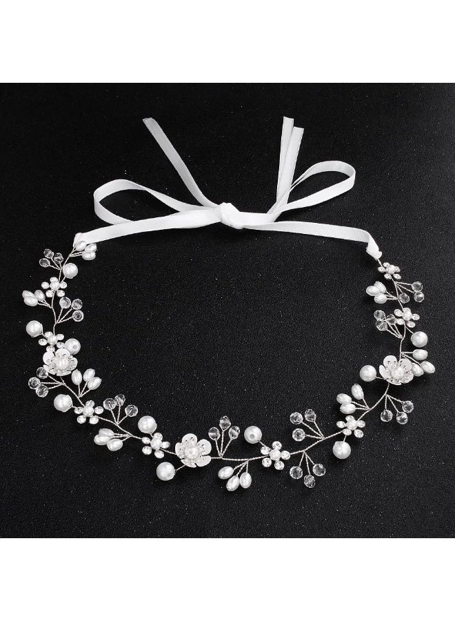 Flower Wedding Hair Accessory, Crystal Pearl Bridal Headband Flower Hair Vine Silver Bride Headband for Women and Girls - Image 3