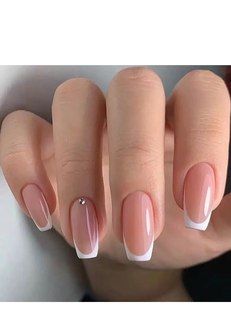 JOSQUEWNN Press On Nails,24pcs,Simple Pink French Manicure Press-On Nails,Embellished With Rhinestones.Acrylic Nails With Glue Kit. - Image 1