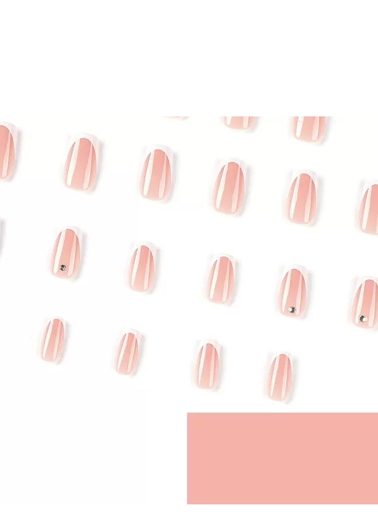 JOSQUEWNN Press On Nails,24pcs,Simple Pink French Manicure Press-On Nails,Embellished With Rhinestones.Acrylic Nails With Glue Kit. - Image 2