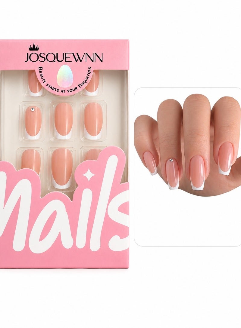 JOSQUEWNN Press On False Nails,24pcs,Simple Pink French Manicure Press-On Nails,Embellished With Rhinestones.Acrylic Nails With Glue Kit. - Image 2