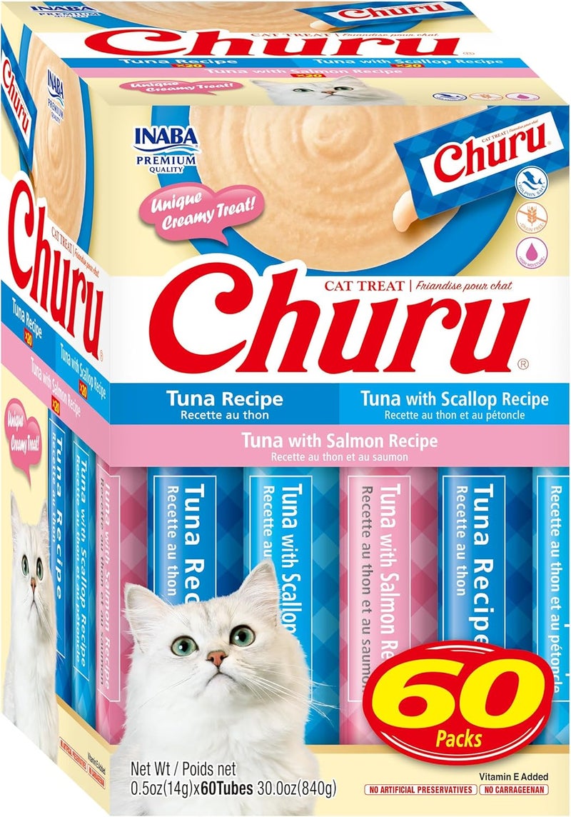 INABA علاجات القطط INABA Churu خالية من الحبوب قابلة للعصر كريمية نقية 60 حصة 3 نكهات علبة متنوعة من التونة - Image 1
