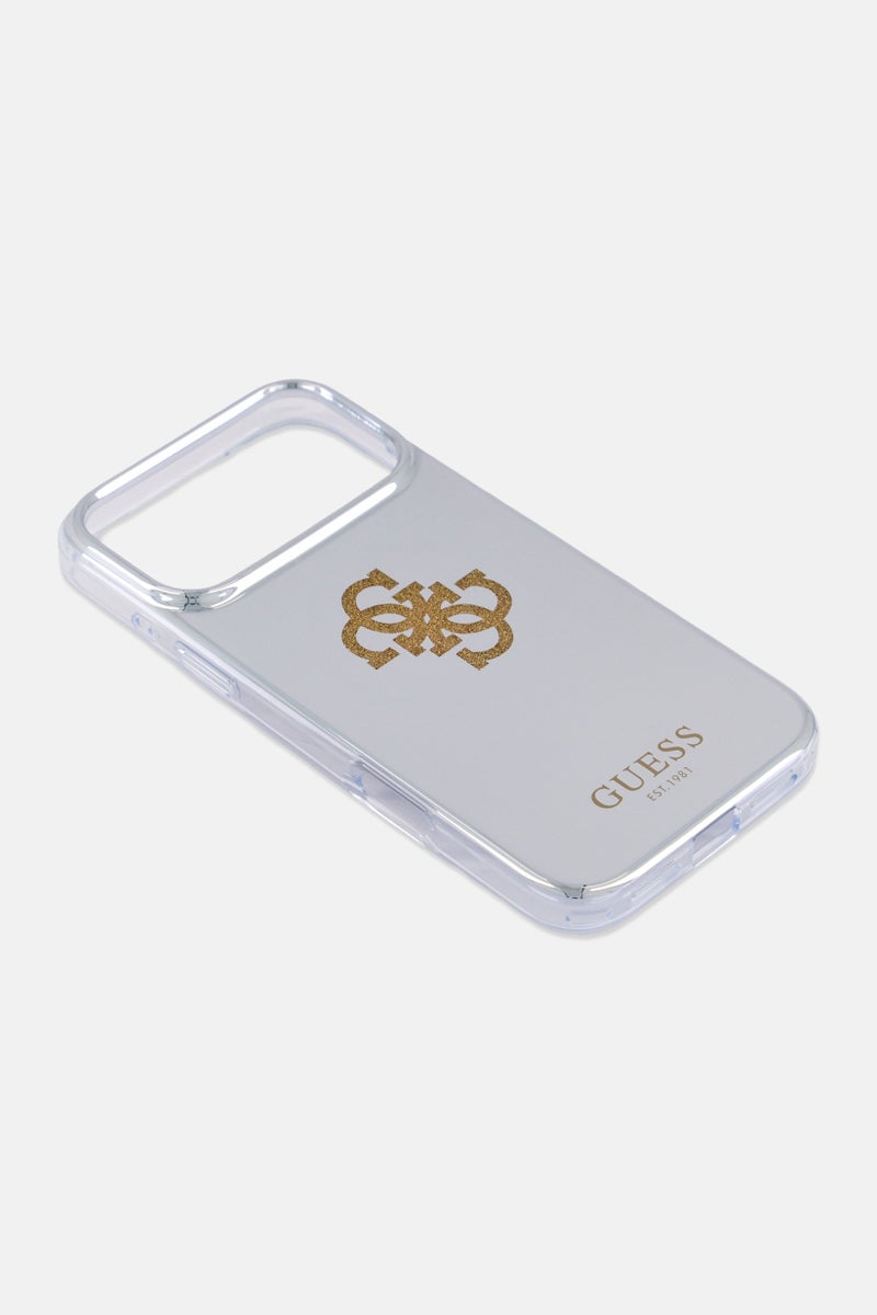 GUESS حافظة مرآة آيفون 17 برو ماكس مع شعار 4G لامع كبير، فضي - Image 4