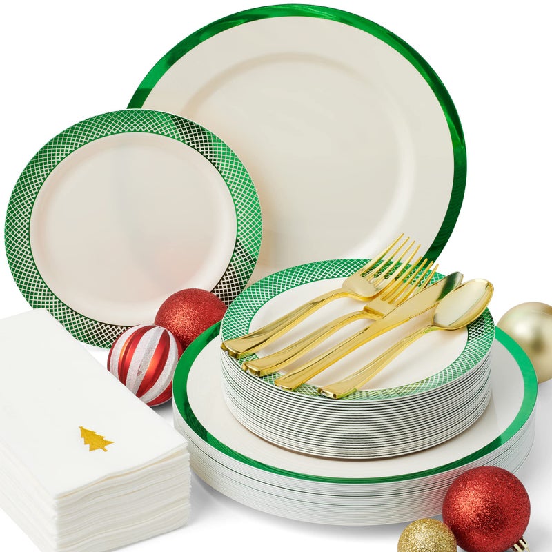 By Madee HEAVYWEIGHT 175 Pc Disposable Christmas Plates and Napkins Set | Ivory Plates Green Trim | Christmas Plates  Holiday Napkins  Silverware | Christmas Disposable Dinnerware (25 Guests) - Image 1