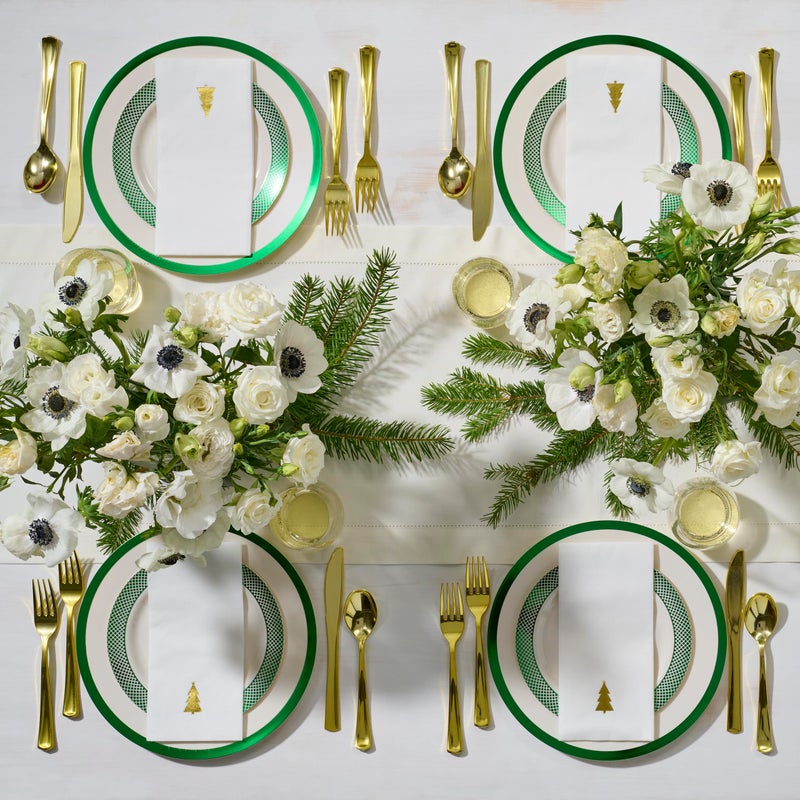 By Madee HEAVYWEIGHT 175 Pc Disposable Christmas Plates and Napkins Set | Ivory Plates Green Trim | Christmas Plates  Holiday Napkins  Silverware | Christmas Disposable Dinnerware (25 Guests) - Image 2